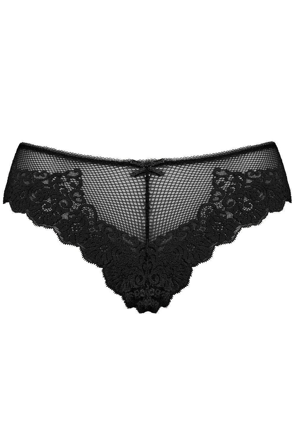 Culotte en dentelle noire élégante pour femme, style sensuel, coupe brésilienne, tissu transparent, finitions festonnées, taille basse, dentelle florale, lingerie sexy