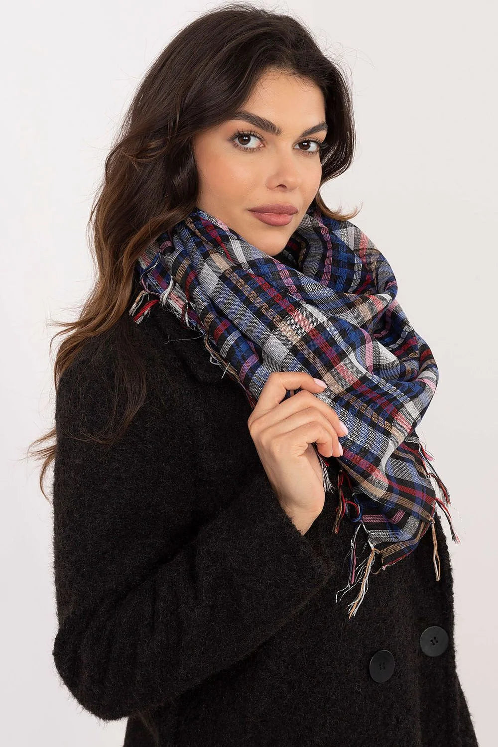 Foulard carré à carreaux multicolore pour femmes, style classique, franges décoratives, écharpe polyvalente pour quotidien et soirées