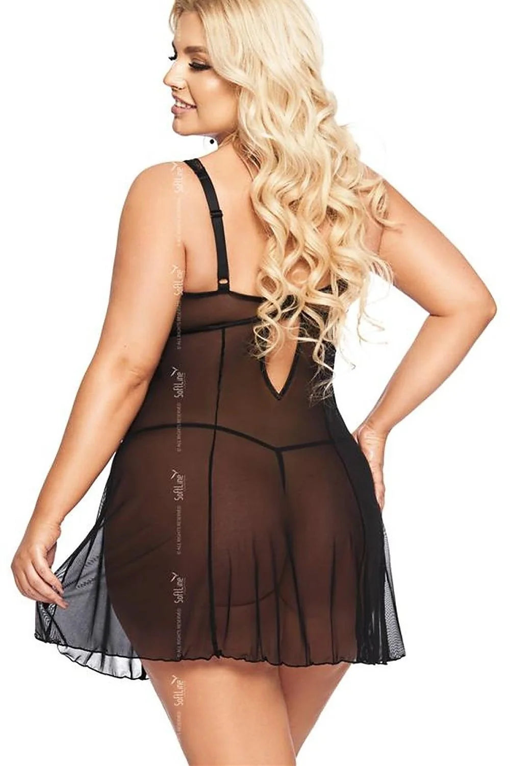 L'ensemble sexy Soft Line Collection nuisette babydoll maille transparente dentelle florale bustier ajustable string noir