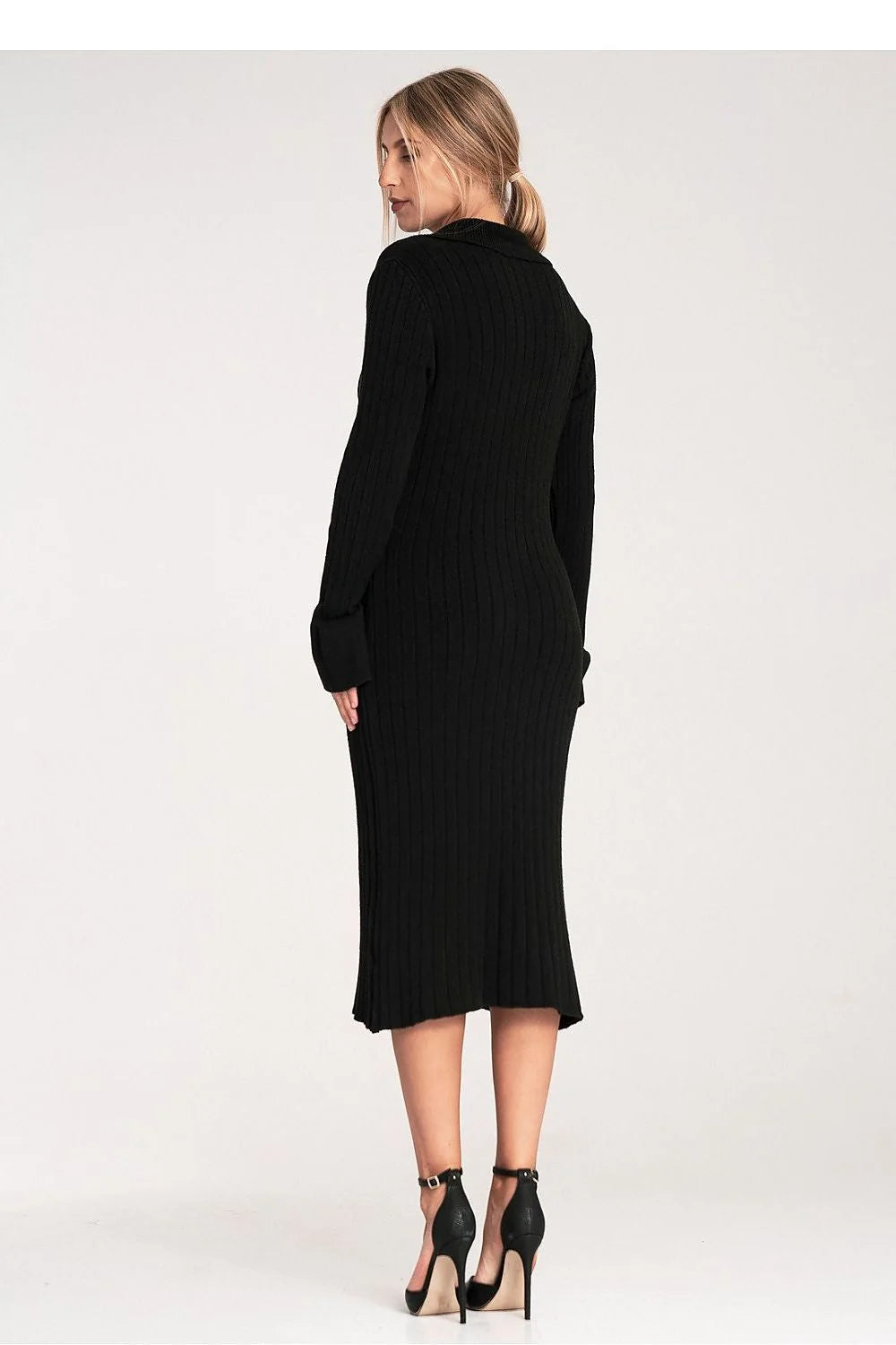 robe pull midi femme maille côtelée noire coupe droite près corps encolure V profonde manches longues tricot stretch mi mollet