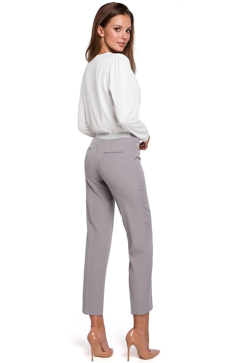 Pantalon cigarette femme polyester élasthanne élégant taille haute chic pour silhouette moderne et raffinée