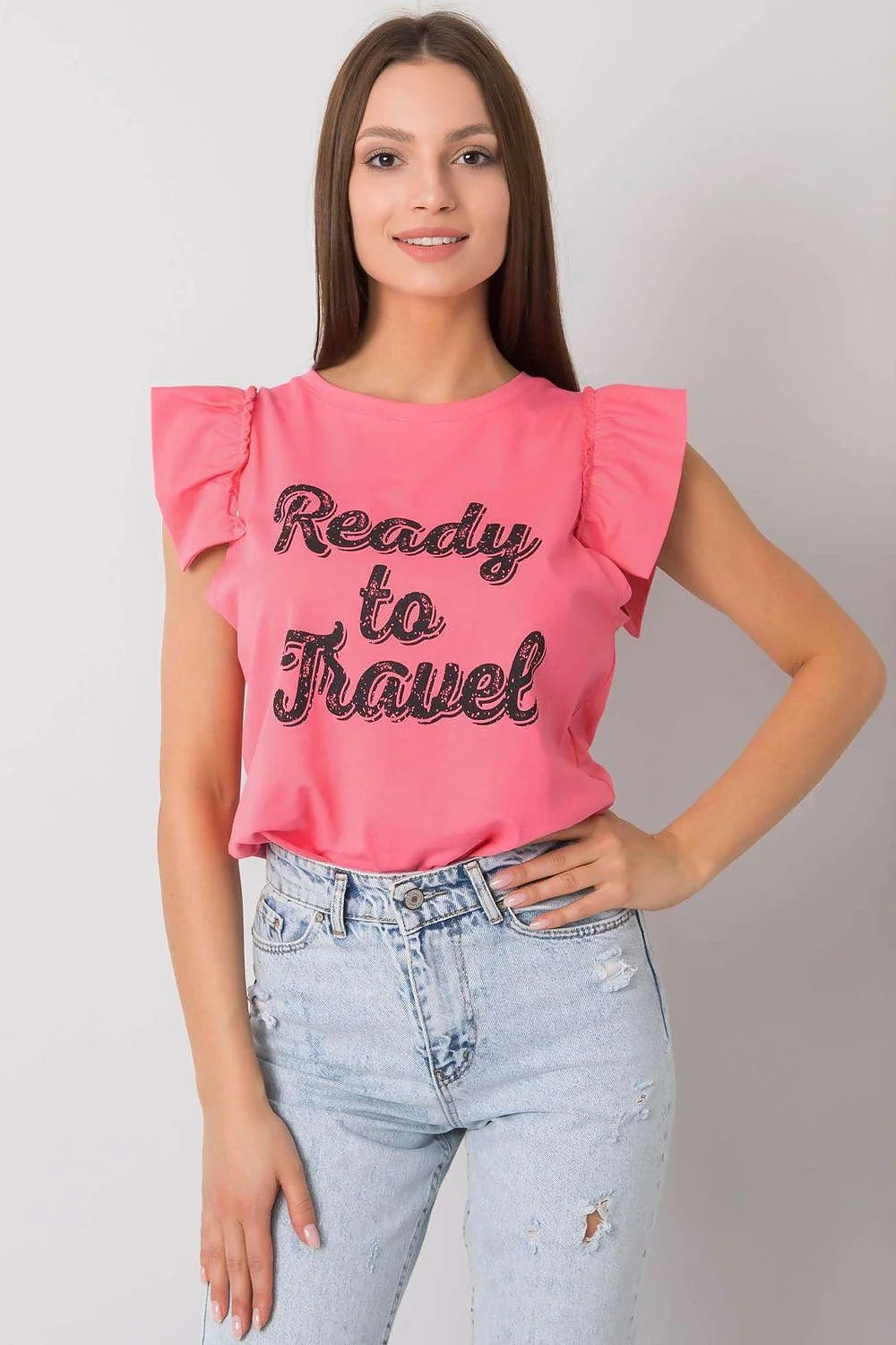 Top mode femme sans manches en coton graphique Ready to Travel ruffle neckline pastel yellow casual chic