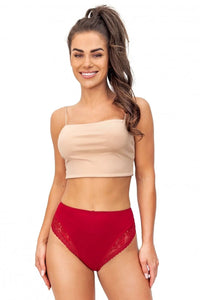 culotte femme viscose stretch elasthanne taille haute galbante dentelle empiècements dos découpé finitions festonnées bord élastique discret rouge profond confortable