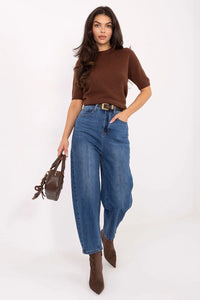 jean femme taille haute coupe ballon denim bleu délavé ceinture nouée ruban décoratif coton extensible confortable poches ouvertes casual chic