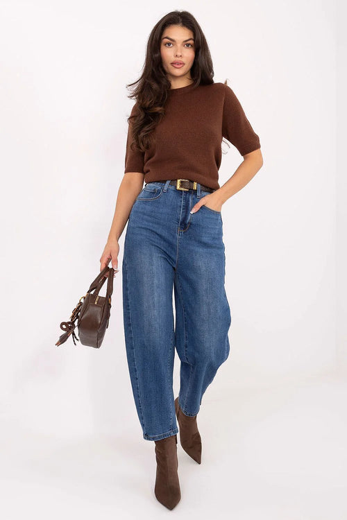 jean femme taille haute coupe ballon denim bleu délavé ceinture nouée ruban décoratif coton extensible confortable poches ouvertes casual chic