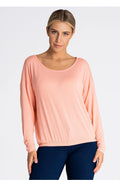 Chemisier femme style décontracté manches longues col rond coupe ample elastique bas rose pastel
