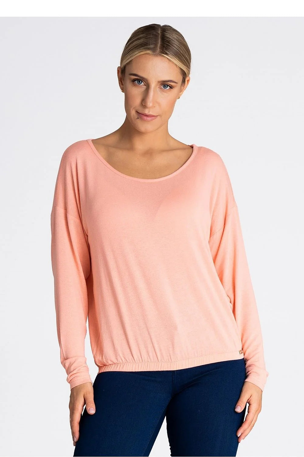 Chemisier femme style décontracté manches longues col rond coupe ample elastique bas rose pastel