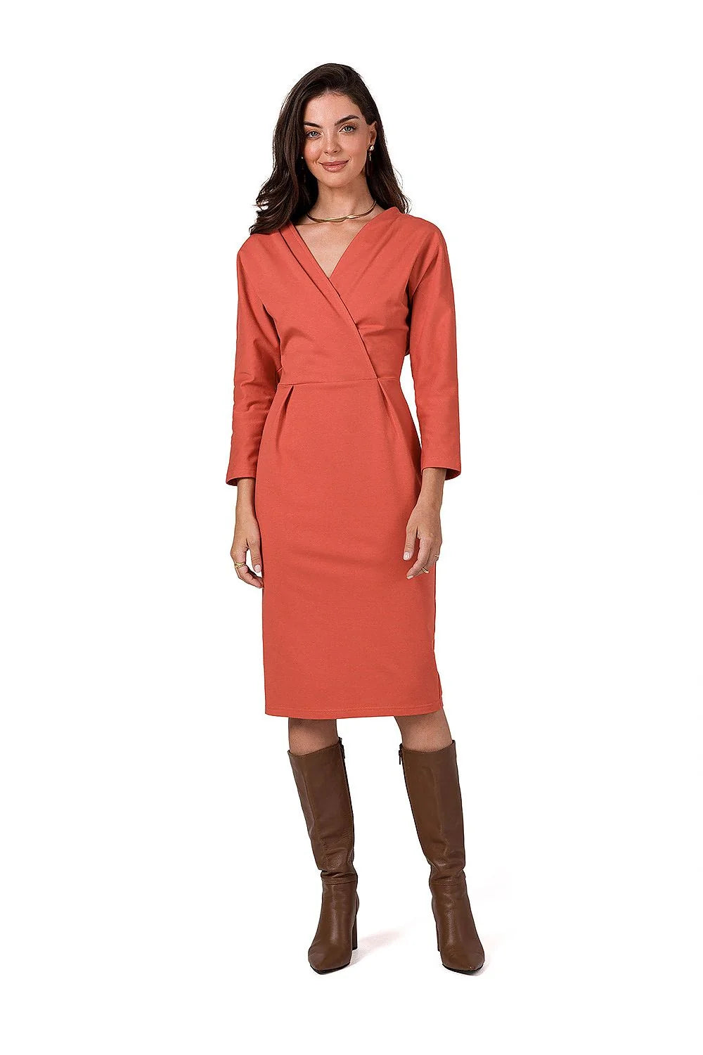 Robe de jour élégante pour femme, coupe ajustée, couleur terre cuite, manches longues, ceinture visible, occasion semi-formelle, Be Wear