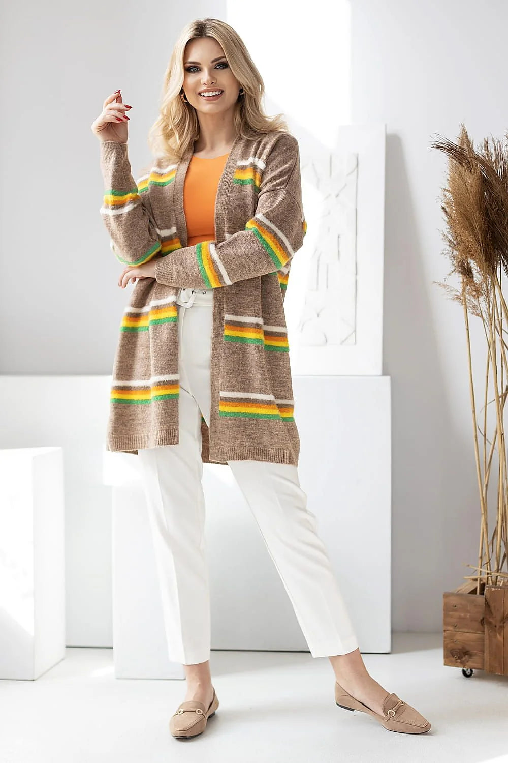 Cardigan Pee Ka Boo pour femmes design moderne décontracté rayures colorées acrylique laine manches longues coupe ample