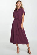 Robe chemise élégante pour femme en viscose couleur prune taille ajustable manches courtes ceinture incluse