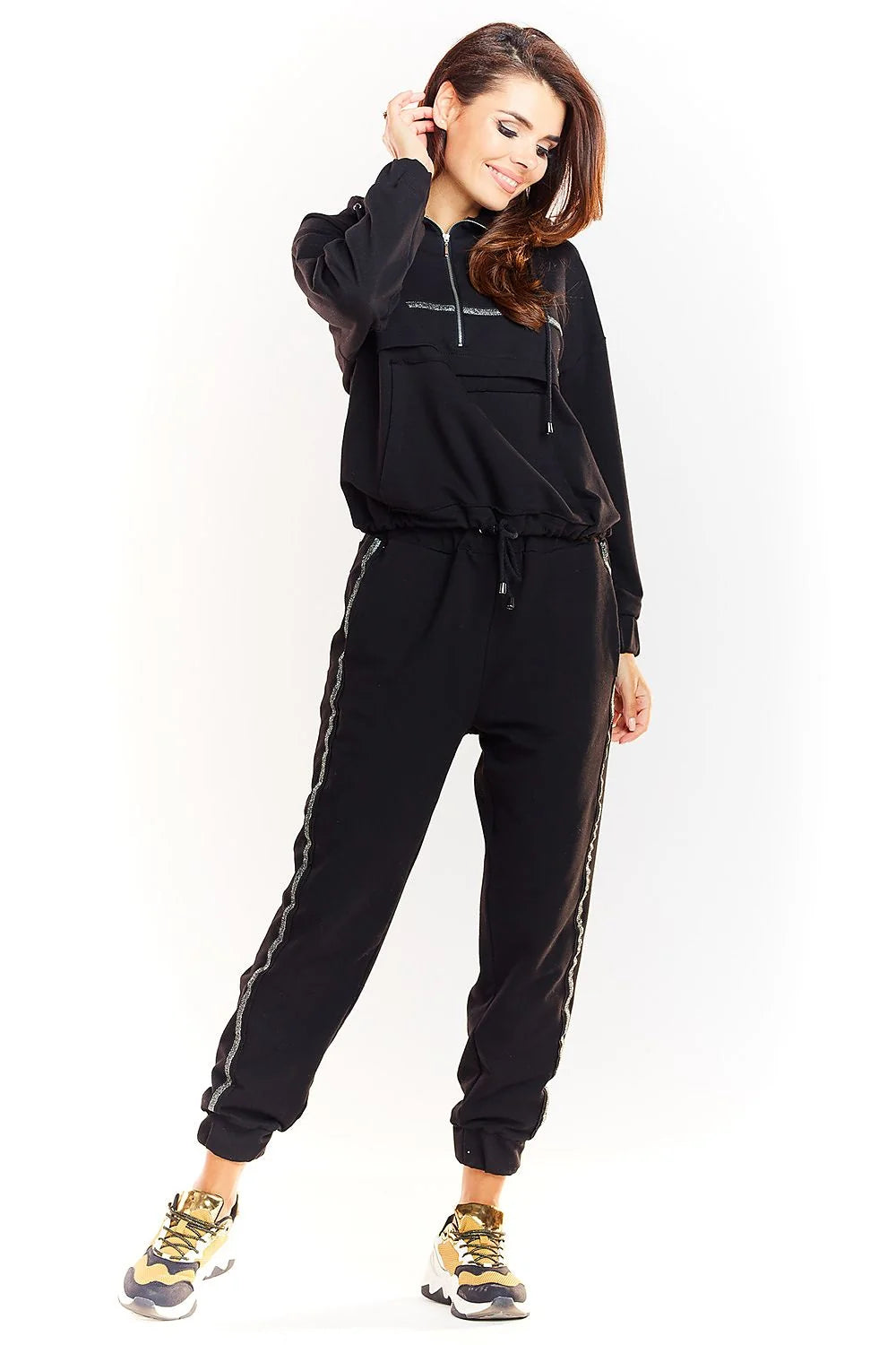 Sweatshirt femme coton doux style décontracté vert kaki capuche confortable bande brillante sportive moderne