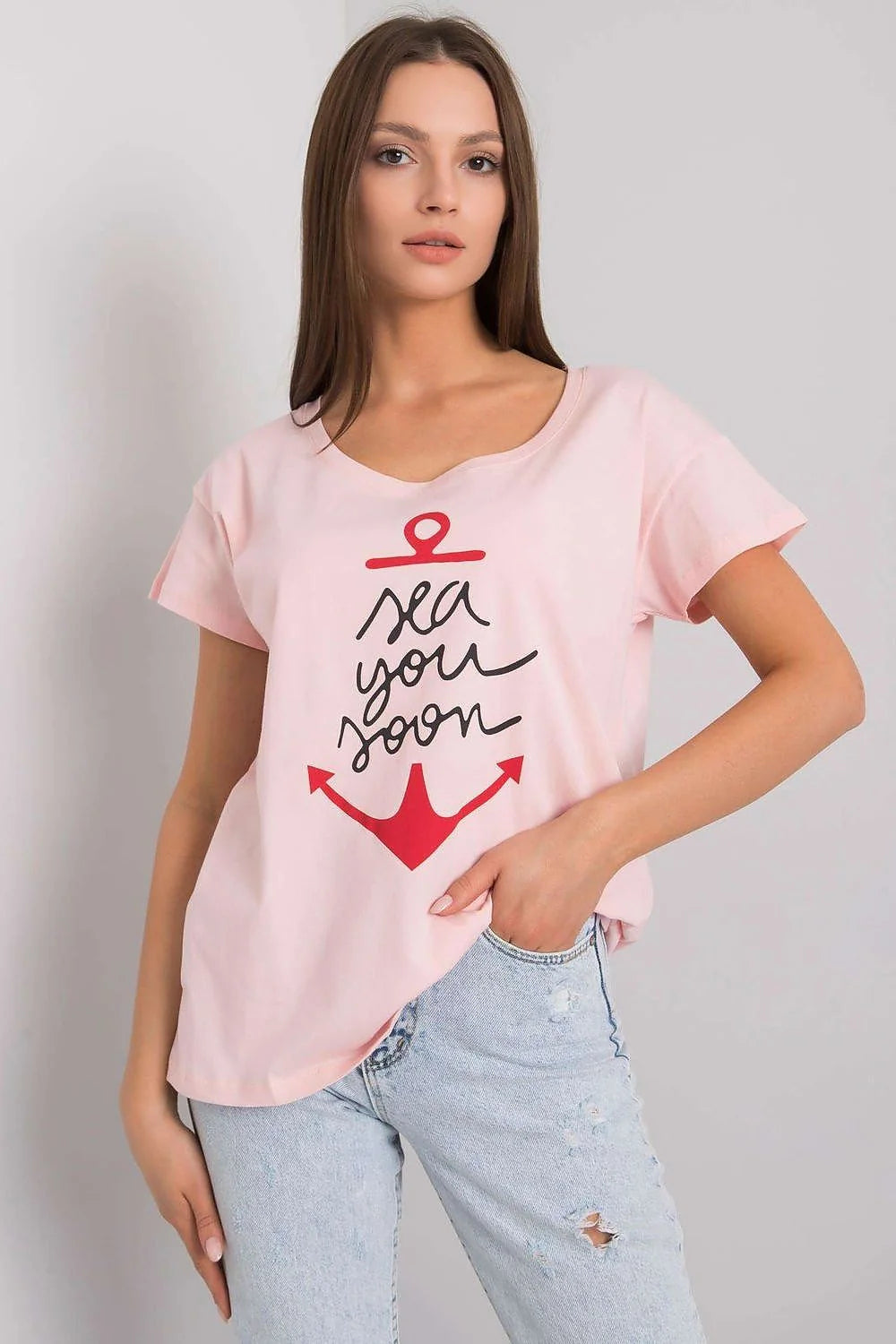 T-shirt pour femme design ancre 'sea you soon' vert menthe manches courtes col rond ajusté