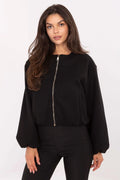 veste courte femme bomber zippée noire maille dense métal doré oversize élastique manches longues bouffantes encolure