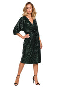 Robe de soirée mi-longue vert foncé élégante paillettes glamour manches 3/4 pour femme spéciale