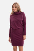 robe pull côtelée prune col bénitier drapé manches chauve souris longues épaules marquées taille blousante jupe crayon ajustée mini élégante