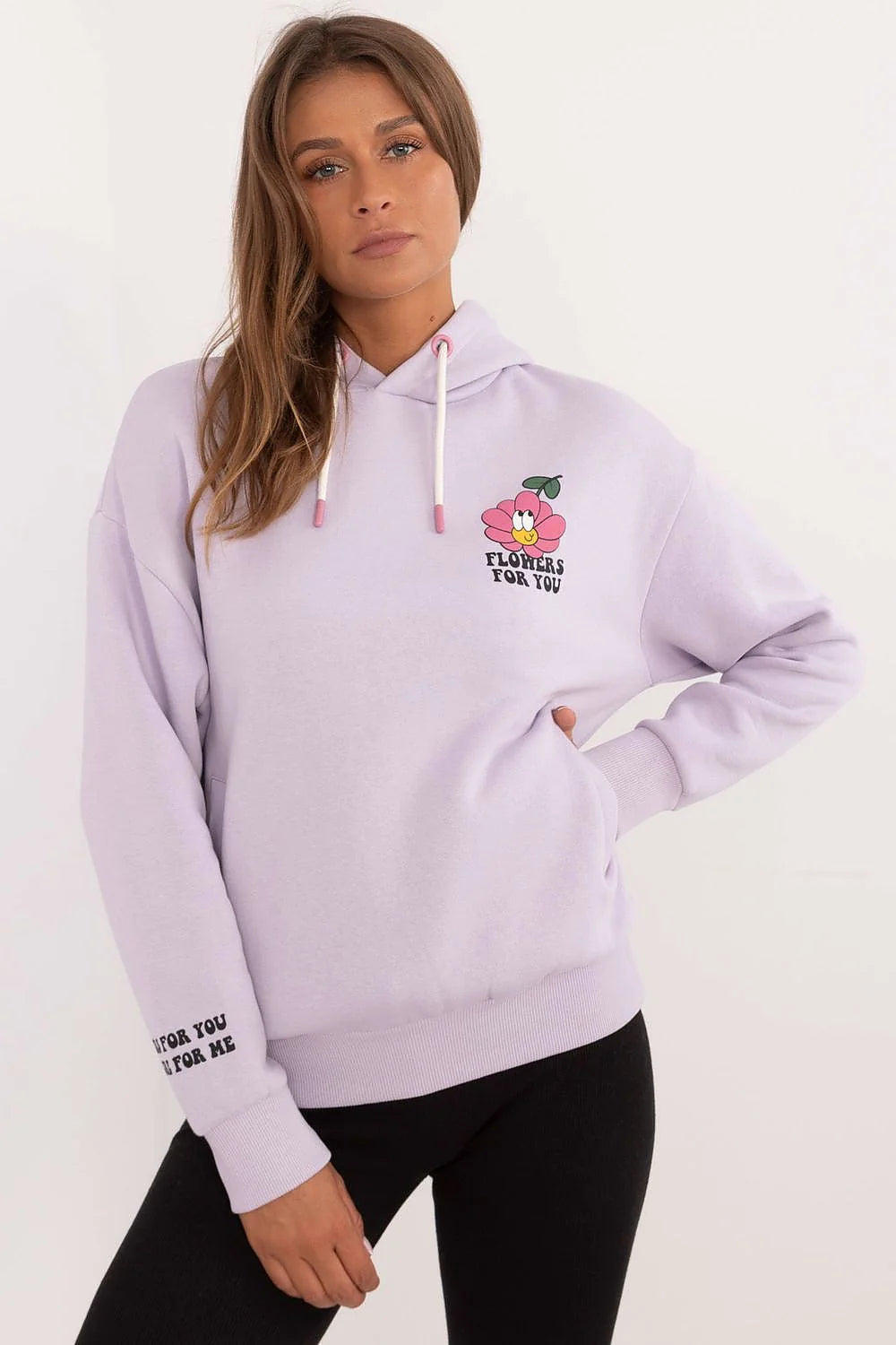 Sweatshirt à capuche pour femme en coton-lavande pâle design moderne fleur souriante manches longues coupe ample