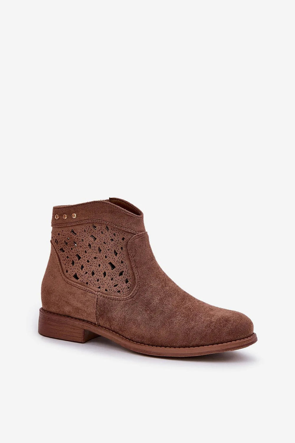 Bottines S.Barski Style Moderne Daim Taupe Fermeture Éclair Talon Plat Design Floral Laser Cuir Écologique Femme Élégance Quotidienne