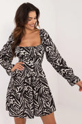 Robe de jour Italy Moda évasée manches longues en polyester motif zébré noir et blanc pour femmes