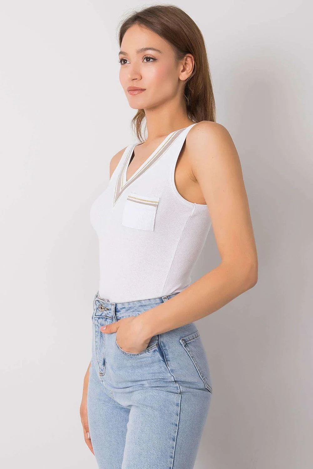 Débardeur féminin élégant sans manches en coton 95% élasthanne 5% col en V contrastant poche discrète taille ajustable
