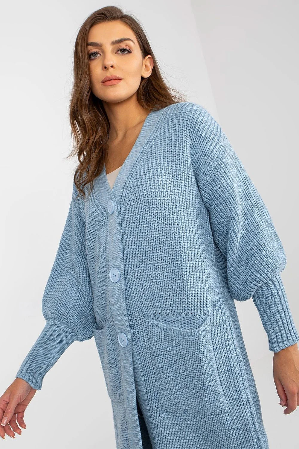 Cardigan Och Bella long pour femmes couleur bleu pastel en V manches longues boutons poches polyester laine automne hiver