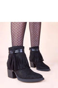 bottines femme noires suédine franges western bohème chic talon bloc moyen confortables semelle caoutchouc bout amande sangle simili décorative élégantes