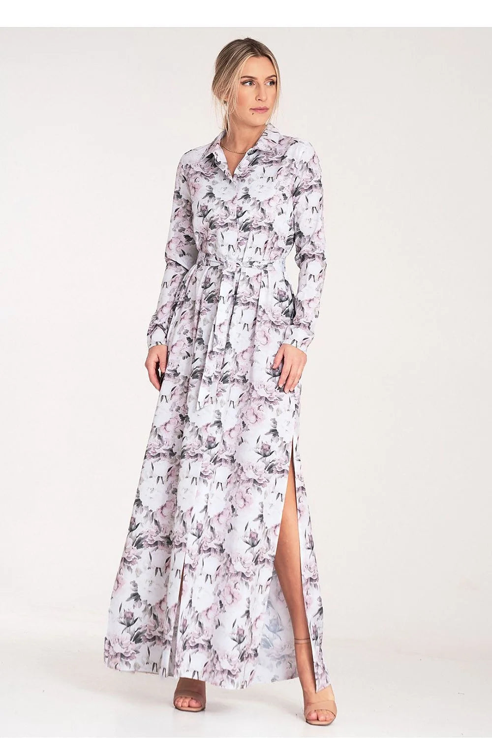robe longue fluide chemise imprimé floral rose poudré blanc gris col chemisier manches longues ceinture nouée fente latérale élégante féminine