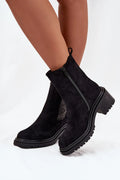 bottines chelsea femme suédine noire bout arrondi fermeture éclair latérale talon bloc 6cm semelle crantée doublure fourrure chaude