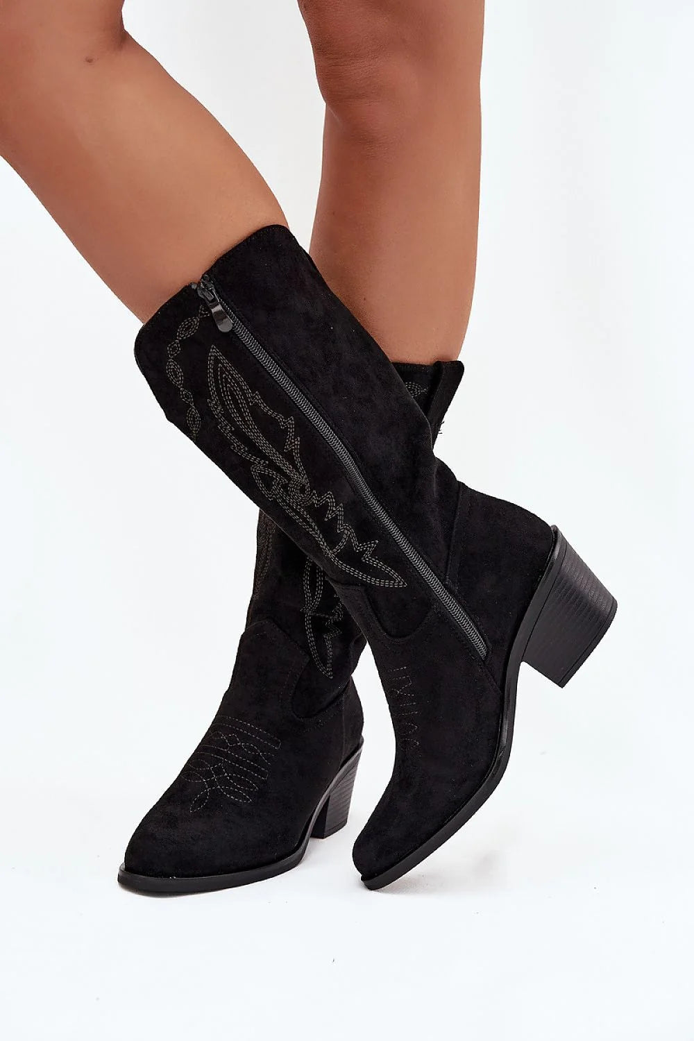 bottes cowboy femme mi mollet suédine écologique noire bout amande talon bloc stable six centimètres doublure chaude