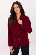 manteau blazer court femme bordeaux double col tailleur poches coupe droite hanches tissu structuré lainé manches longues boutons assortis élégant