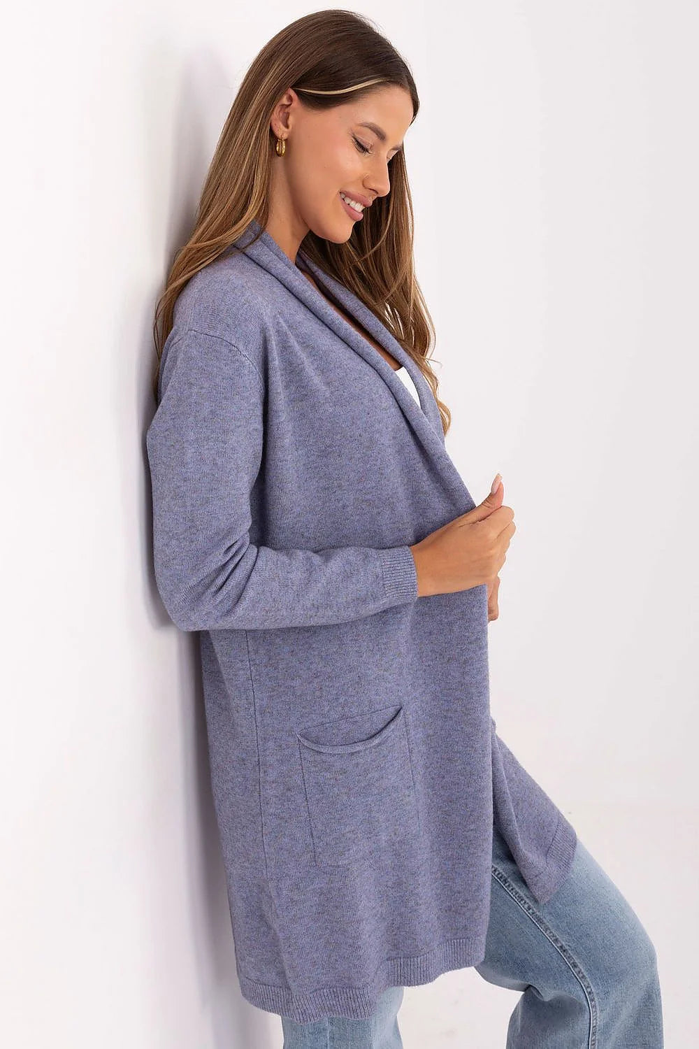 cardigan long femme ouvert maille fine lavande chinée col châle manches longues poches plaquées viscose modal nylon doux confortable polyvalent