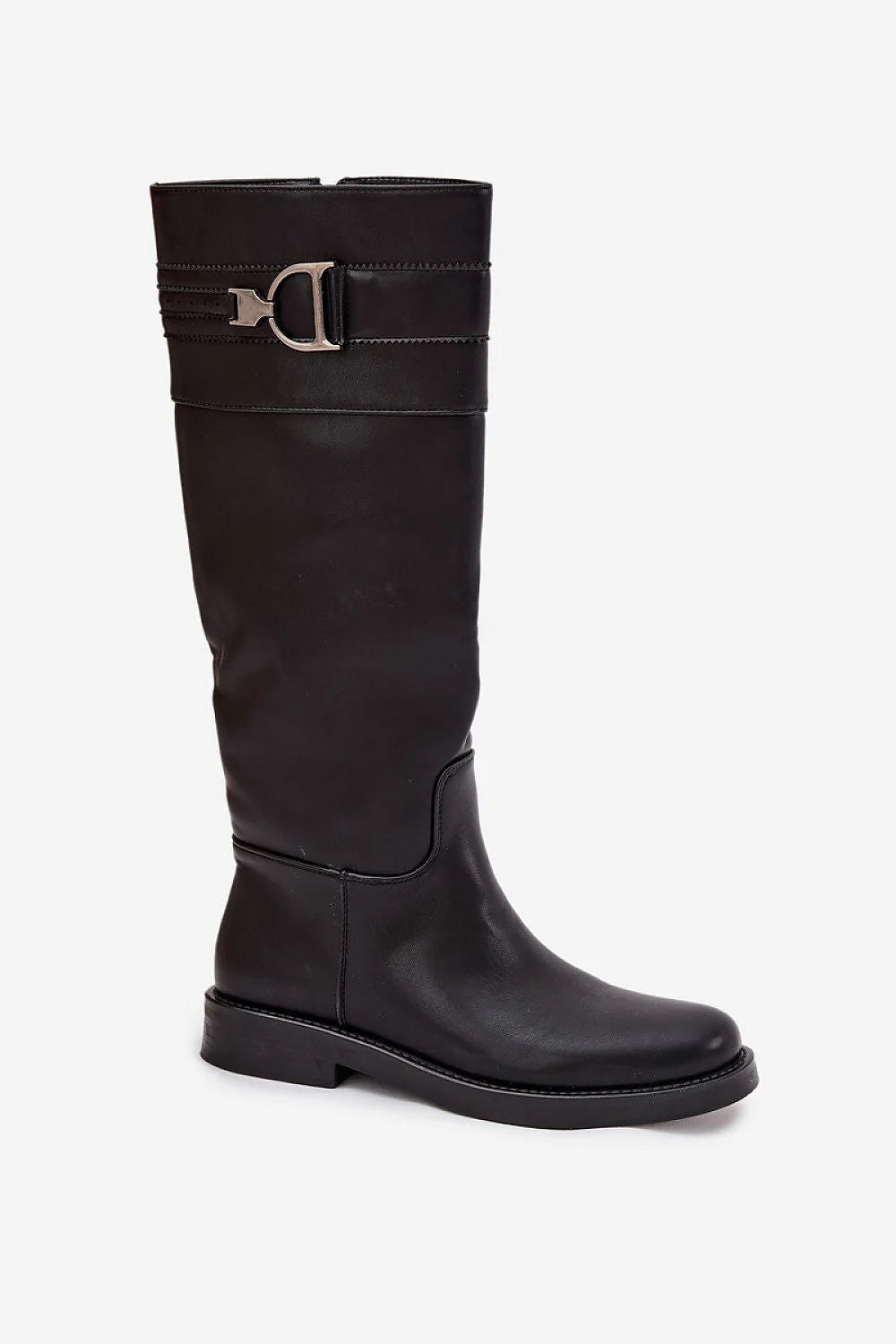 Bottes hautes en cuir noir élégant classique avec boucle métallique tendance automne-hiver pour femmes