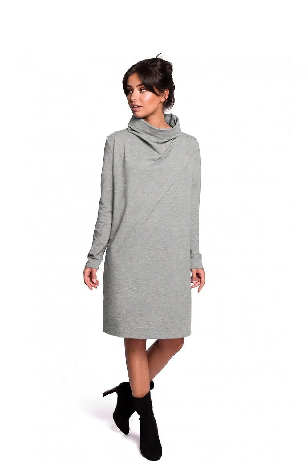 Robe noire coton élasthanne chic casual manches longues col cheminée pour femmes modernes élégantes