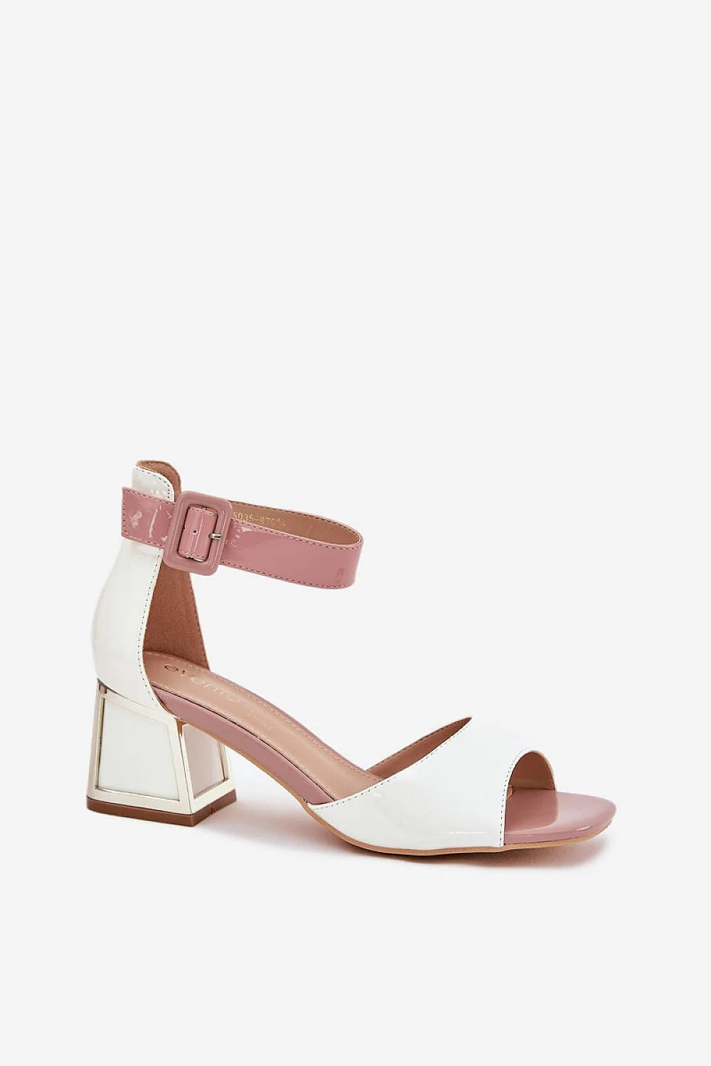 Sandales à talons moyens ouverts cuir verni blanc et rose pâle sangle cheville ajustable femmes élégance moderne