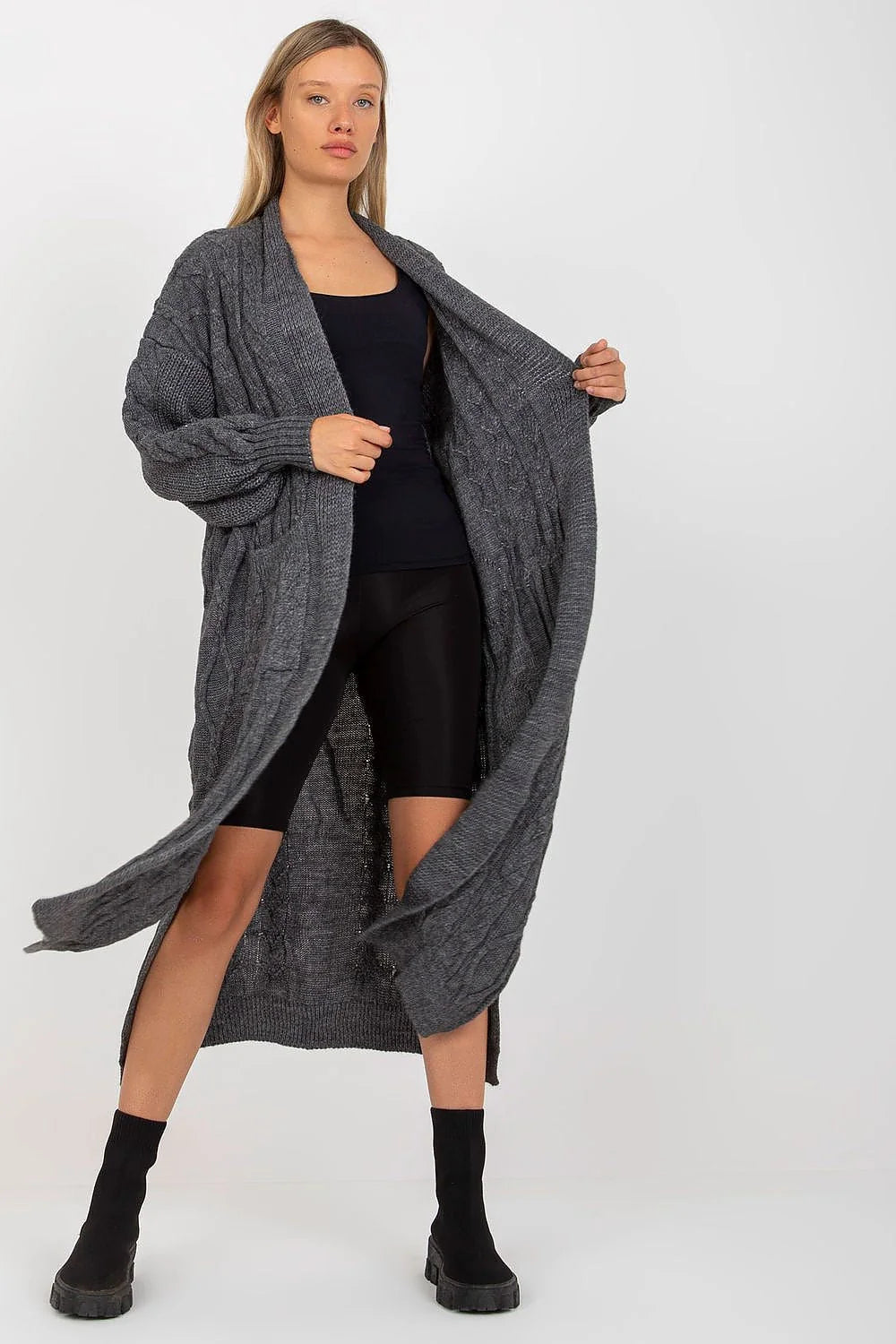 Cardigan Rue Paris pour femme long manches longues col V ouvert poches rabattables marron chocolat maille épaisse acrylique 100 % hiver automne