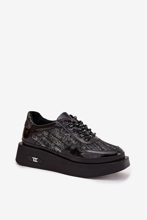 baskets femme derby chunky plateforme épaisse noire cuir verni textile brillant lacets oeillets métalliques maintien silhouette