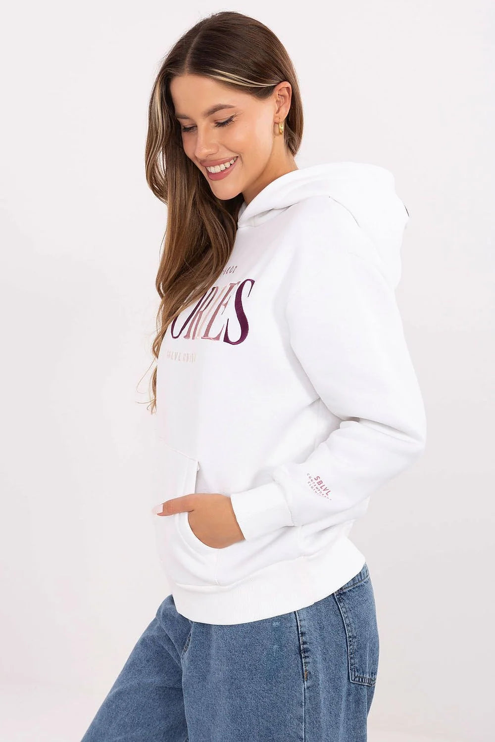 sweatshirt femme blanc capuche sans cordon imprimé STORIES dégradé rose bordeaux coupe relaxed poche kangourou molleton coton doux broderies