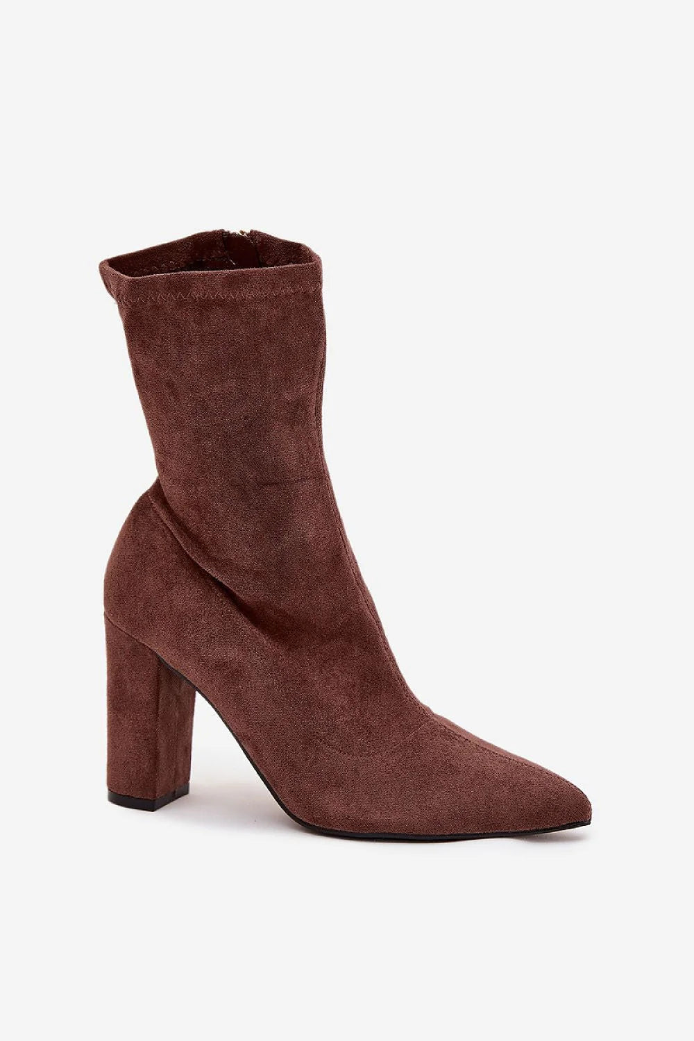 bottines femme suédine écologique marron chocolat bout pointu silhouette ajustée style chaussette finition texturée talon bloc haut robuste fermeture éclair
