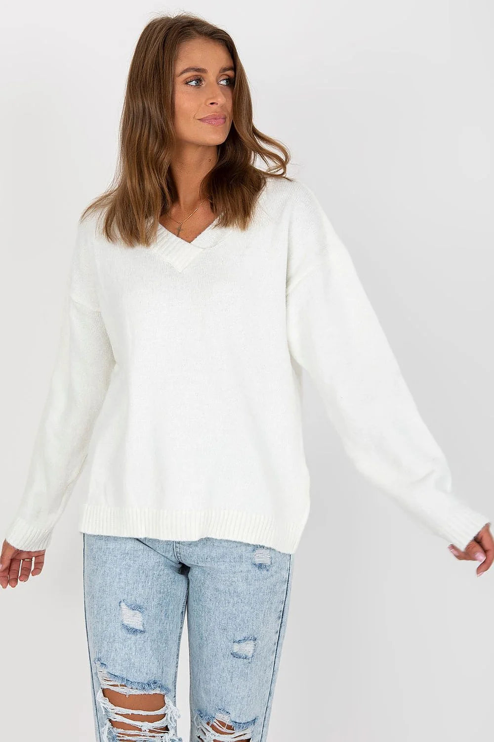 pull femme Rue Paris manches longues colV tricot côtelé élasthanne acrylique polyester oversize ample décontractée bordcôtes moelleuse blanc uni intemporel