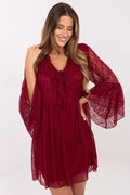 robe soirée mini dentelle bordeaux profond bohème chic babydoll fluide doublée manches trois quarts volants encolure V noeud jabot