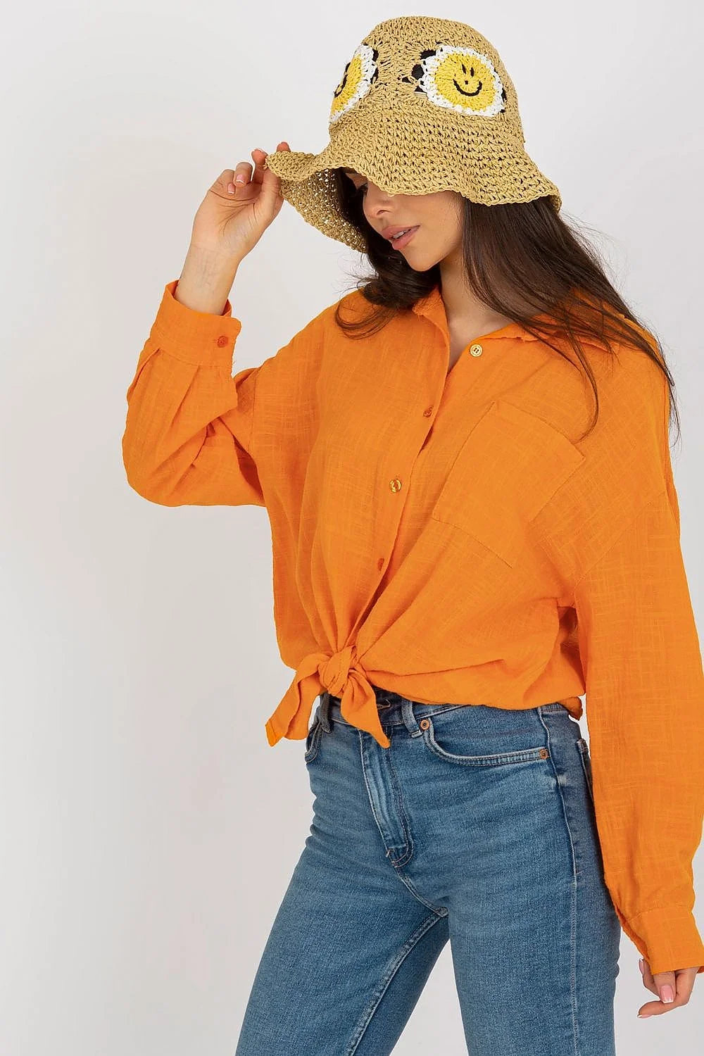 Chemise manche longue Och Bella coton 100 % style décontracté coupe ample nœud avant poche poitrine coloris orange vif