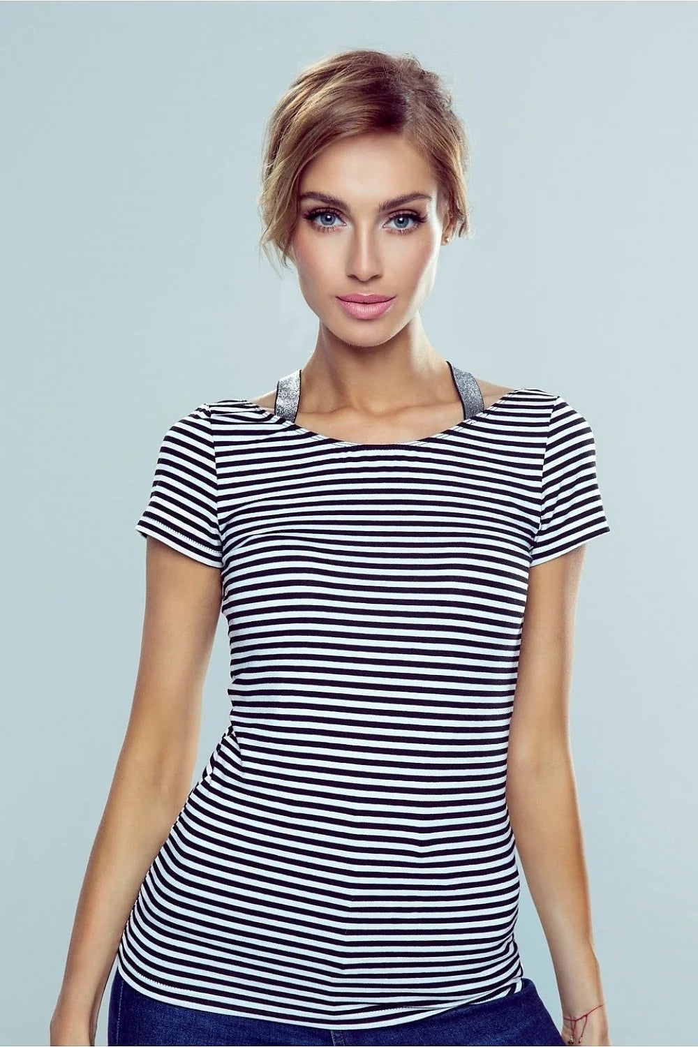 Chemisier pour femme élégant rayures noires et blanches bretelles scintillantes manches courtes tissu doux coton elasthanne ajusté