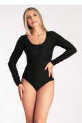 Body femme élégant en coton polyester élasthanne manches longues encolure ronde ajusté coupe sexy intemporel noir