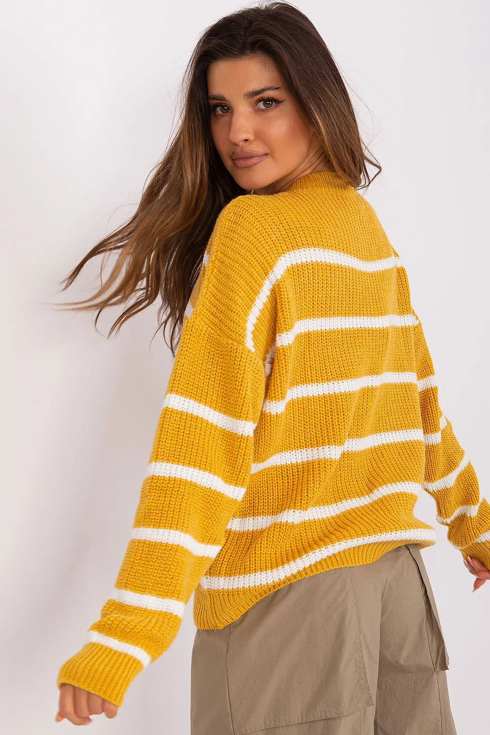 Pull rayures horizontales femme Chandail Badu acrylique doux manches longues encolure ronde style polyvalent jaune moutarde et blanc