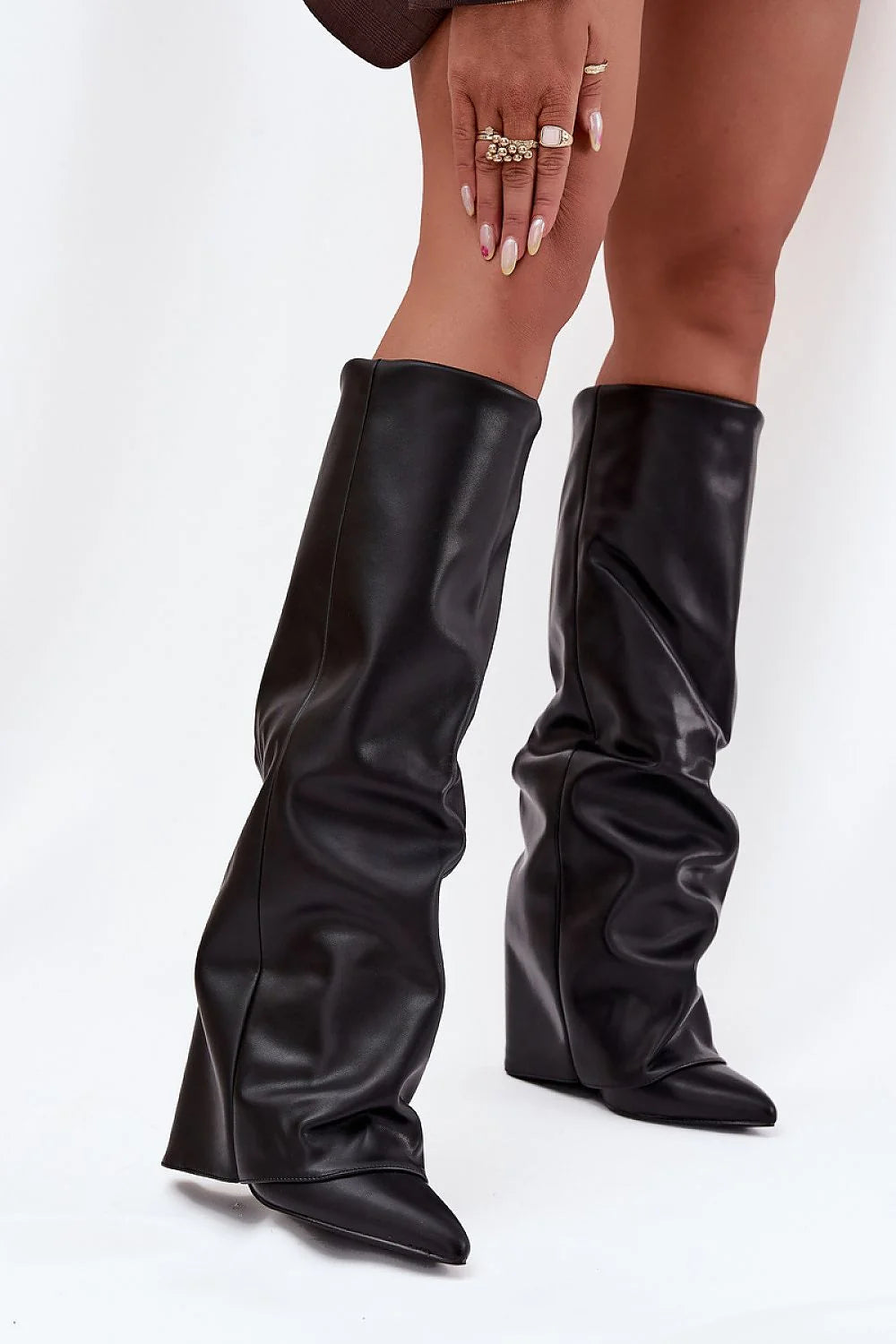 bottes montantes femme revers chevauchant talon colonne stable doublure chaude bout pointu cuir synthétique finition lisse tige froncée