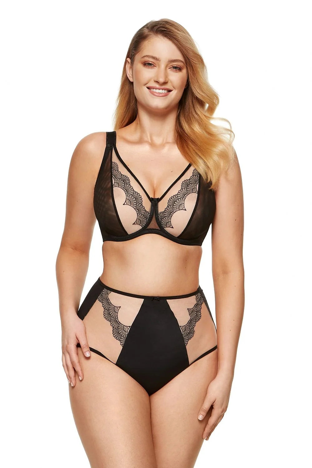 Soutien-gorge et culotte triangle dentelle maille douce noir nude taille haute femme