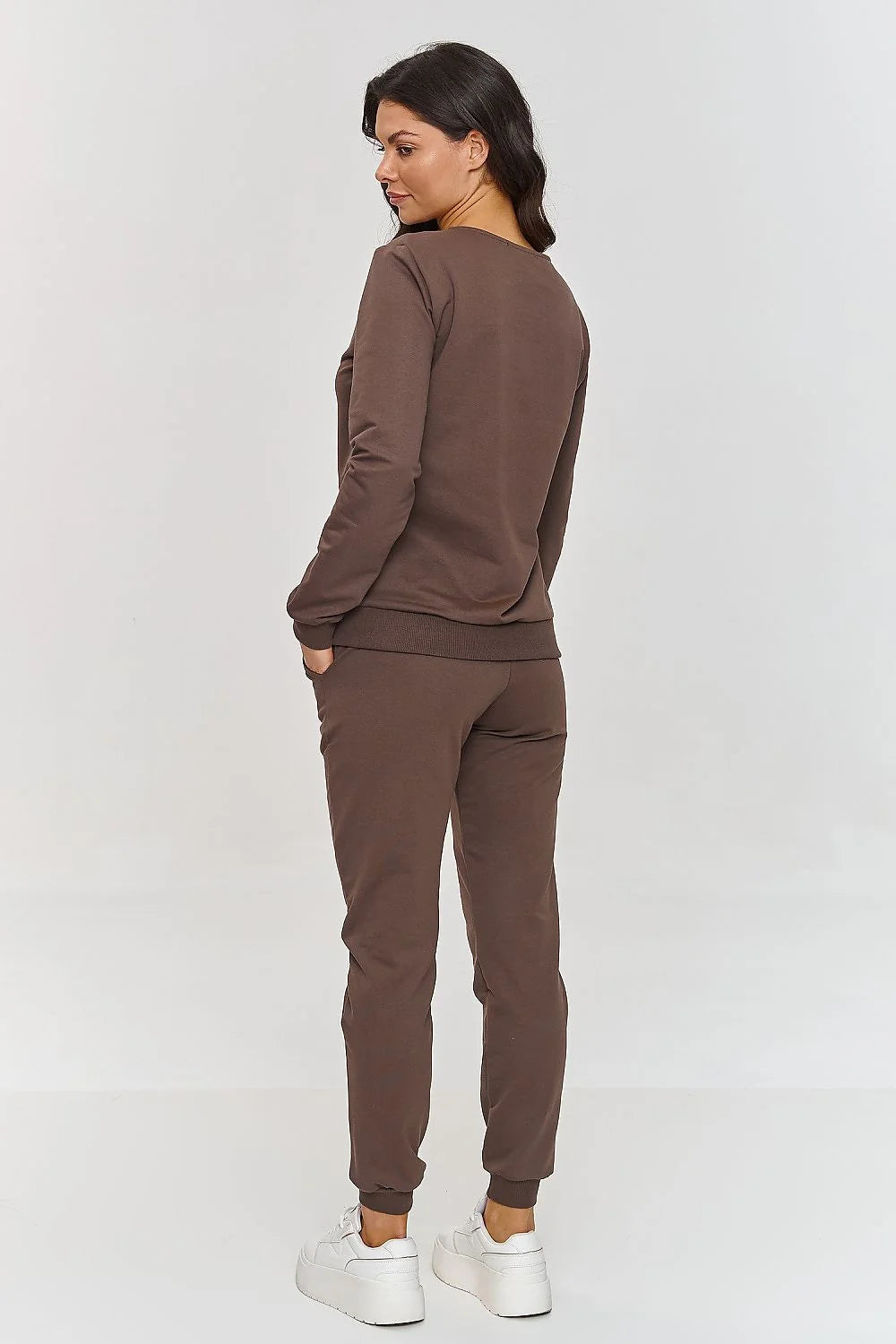 Ensemble de survêtement pour femme en jersey coton marron coupe ample col V poignets côtelés pantalon élastiqué