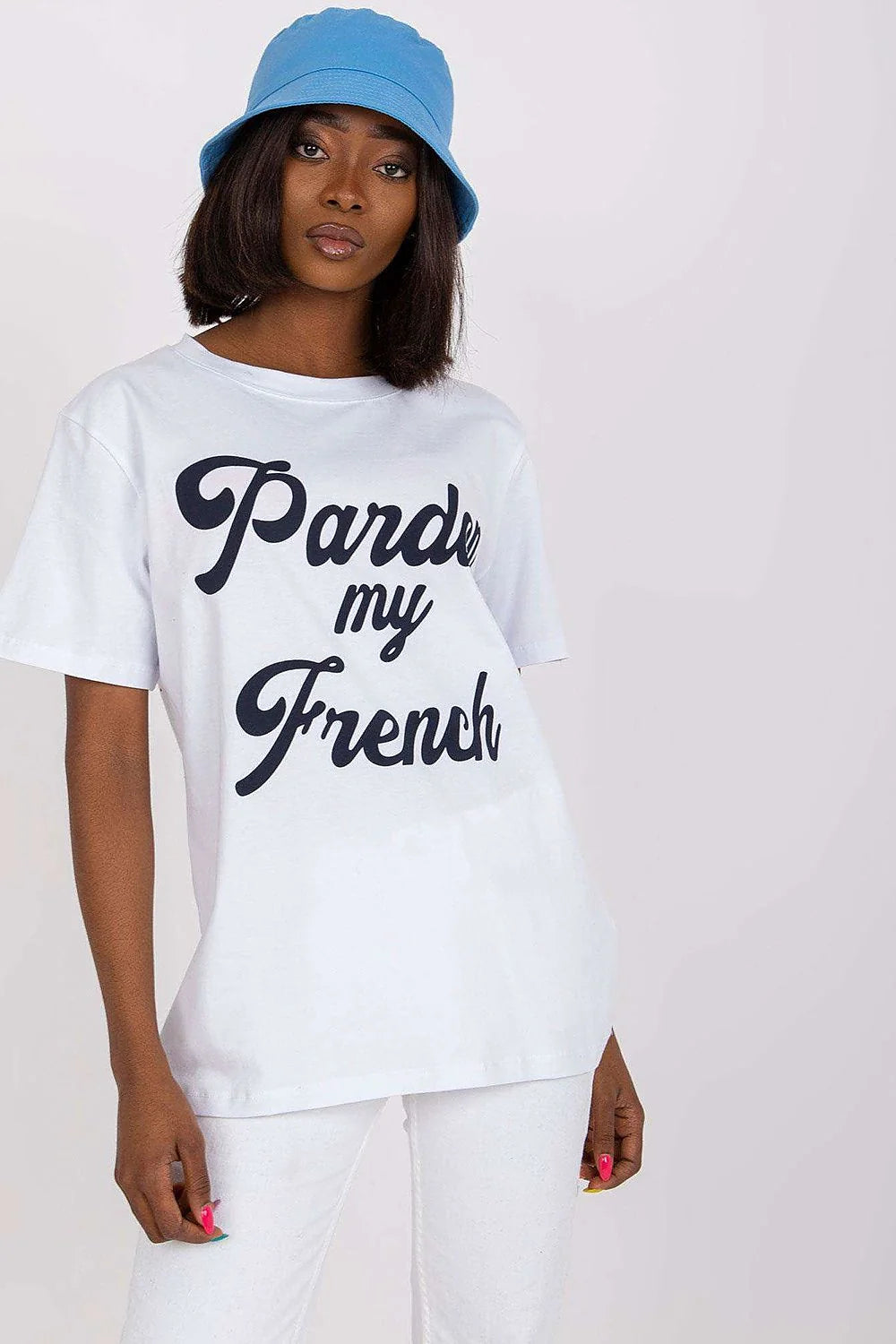 T-shirt Fancy pour femme manches courtes rose pastel texte cursive Pardon my French en coton 95% lycra 5% short denim taille haute femme
