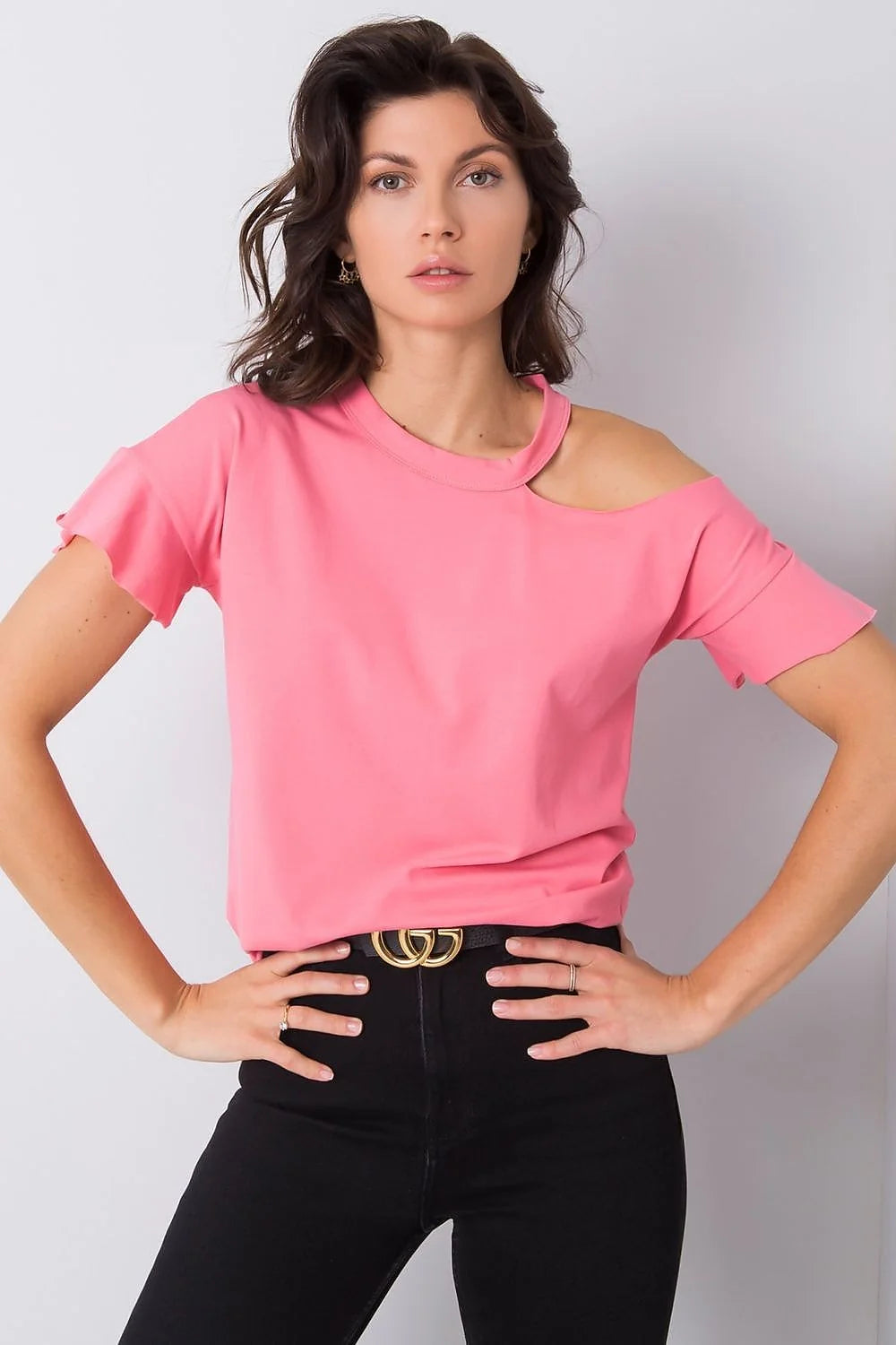 Blouse Fancy asymétrique pour femme, style cold shoulder, manches courtes, couleur rose vif, coton stretch, confortable, versatile, occasion多种
