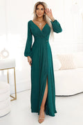 Robe longue élégante pour femme en vert foncé manches longues décolleté V coupe empire fente en avant occasion soirée