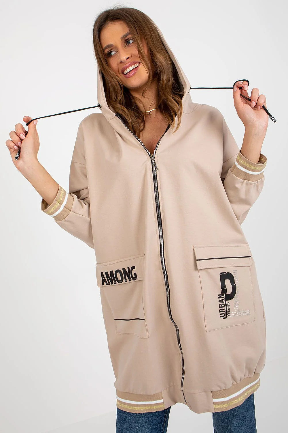 Sweatshirt Relevance pour femme, oversized, design urbain moderne, manches longues, fermeture éclair intégrale, poches grandes, coton élasthanne, tailles S/M-L/XL